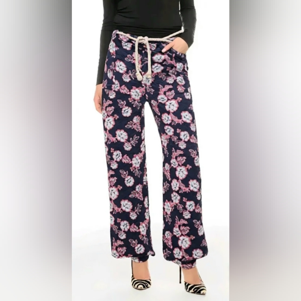 Floral Wide Leg Pants - Navy and Pink